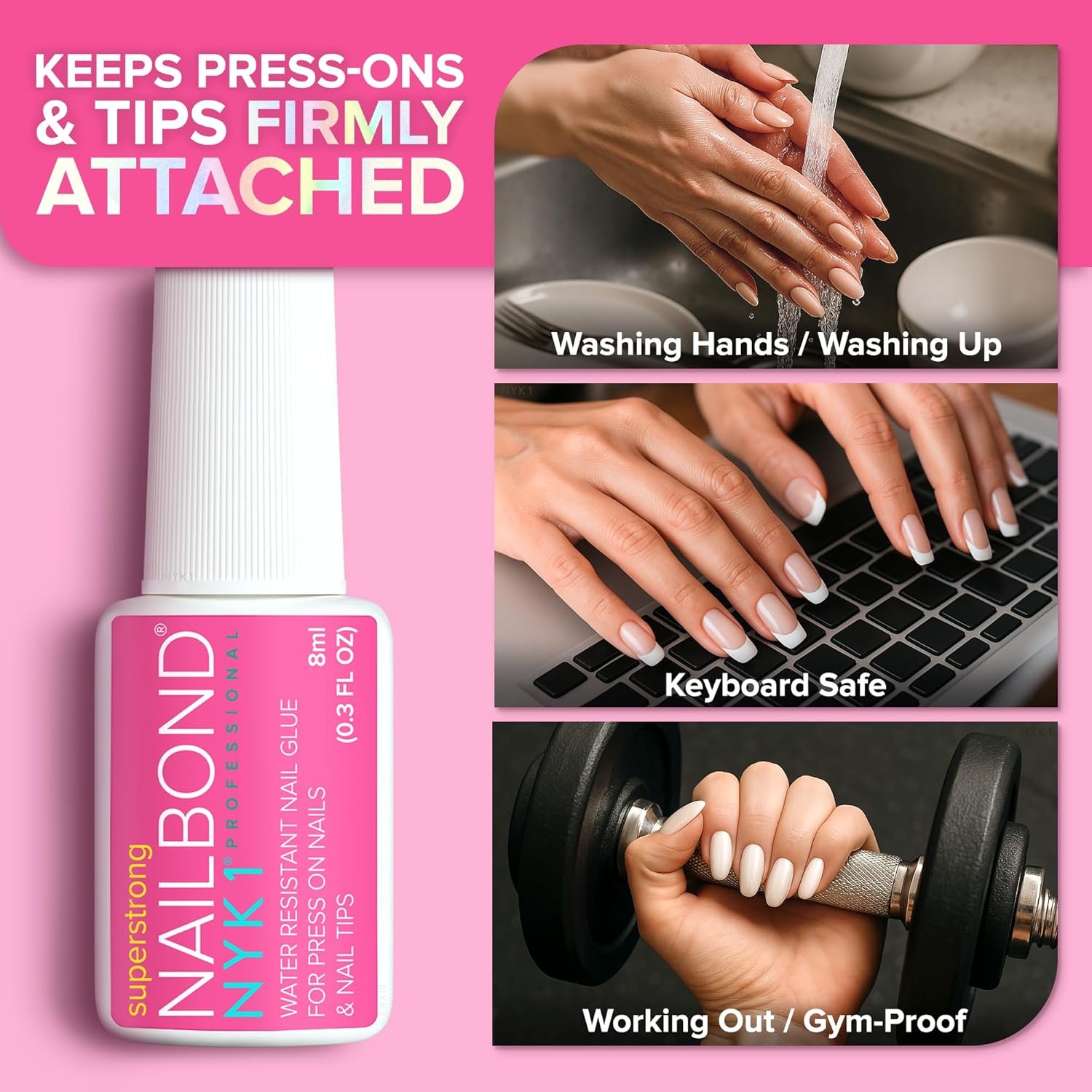 Super Strong Nail Glue for Press On Nails, Nail Tips & Acrylic Nails (8ml) NYK1 NailBond Brush On Glue for Press Ons, Tips & Acrylics - Long Lasting, Maximum Strength, Mess-Free Application - Image 4