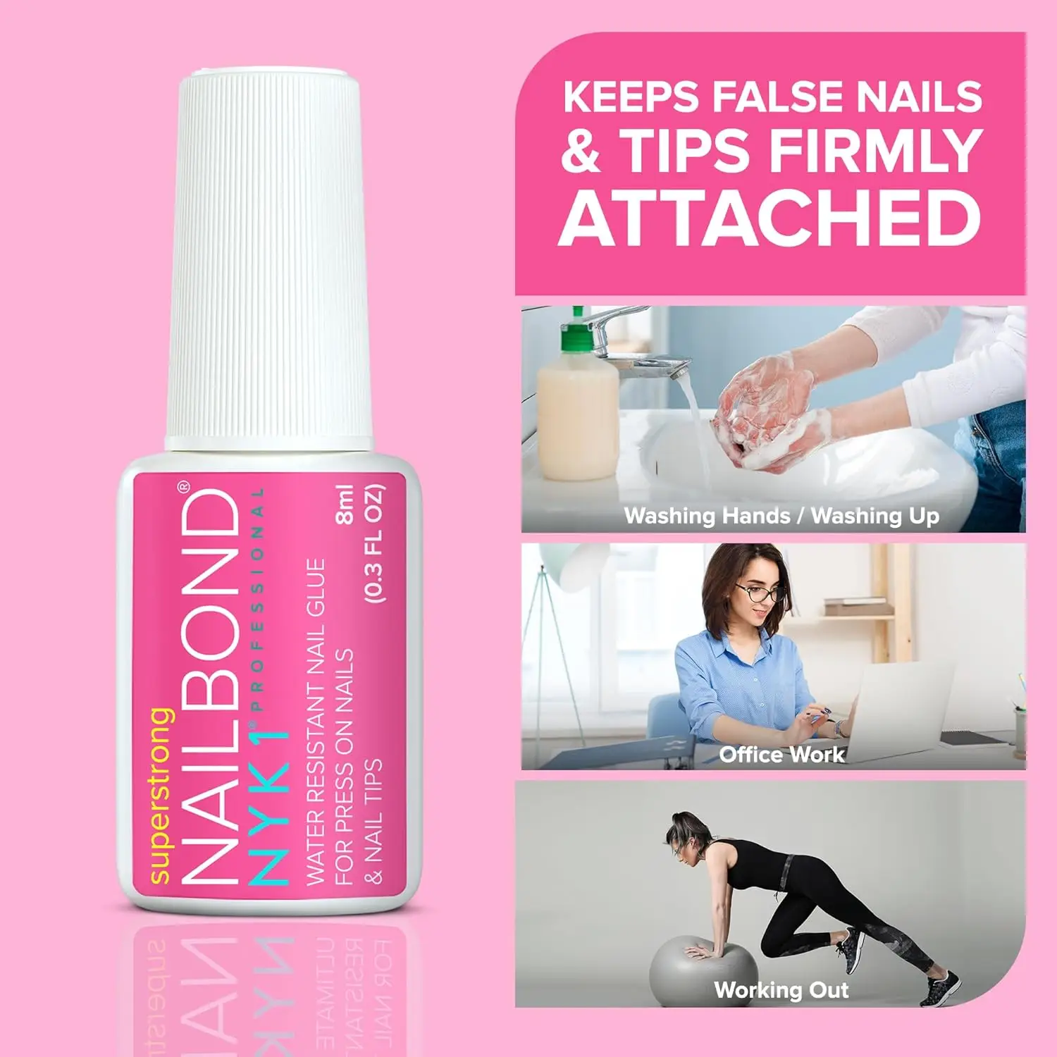 Super Strong Nail Glue for Press On Nails, Nail Tips & Acrylic Nails (8ml) NYK1 NailBond Brush On Glue for Press Ons, Tips & Acrylics - Long Lasting, Maximum Strength, Mess-Free Application - Image 2